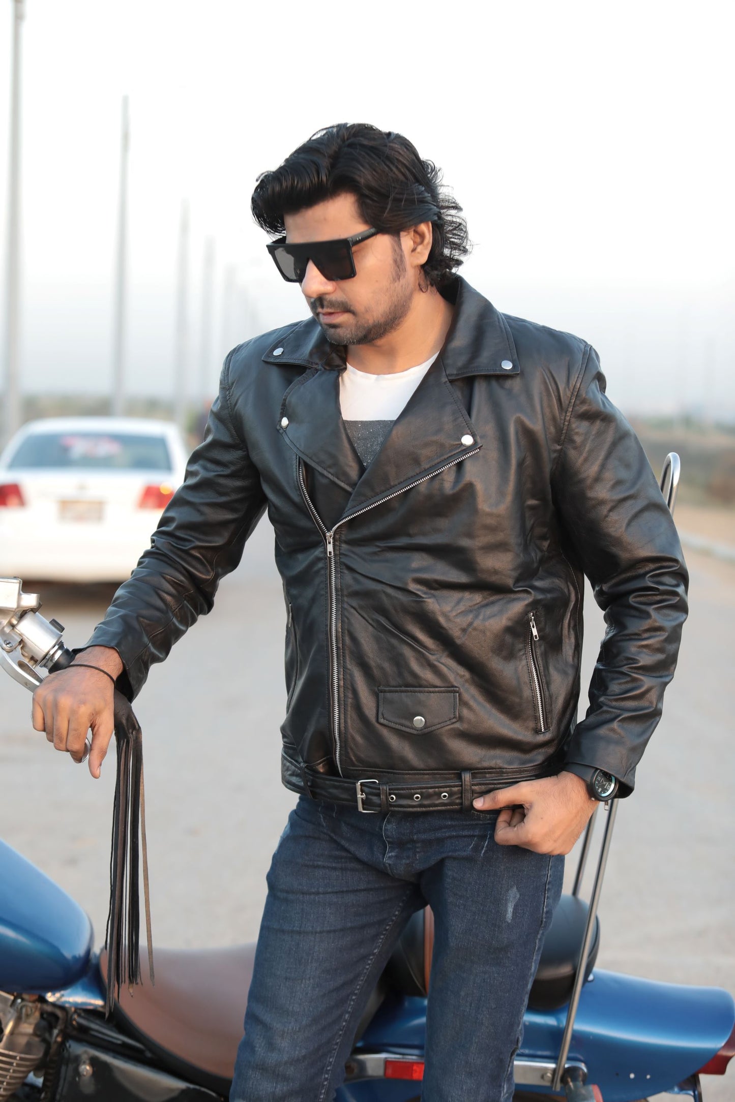 Men's Motorcycle Leather Jacket & Belt