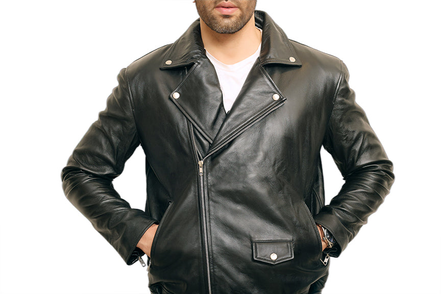 Chaqueta y cinturón de cuero para motociclista para hombre