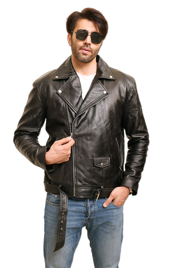 Chaqueta y cinturón de cuero para motociclista para hombre